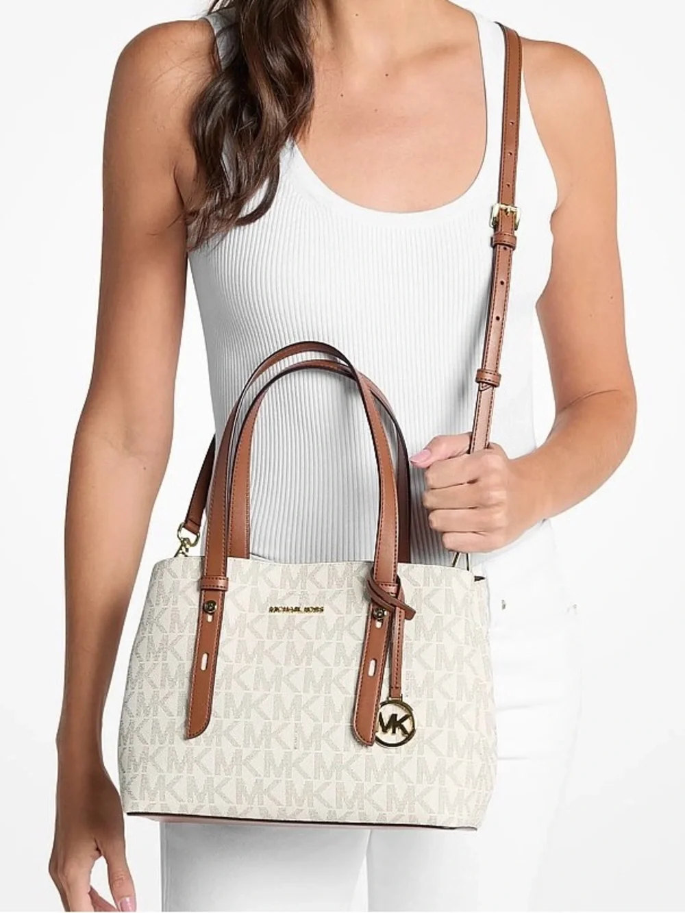 Michael Kors Vanilla Logo Satchel with Brown Trim